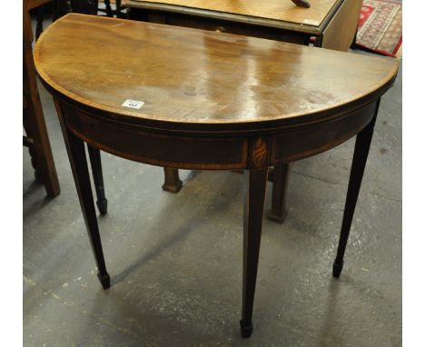 19th Century mahogany inlaid D end card table with hinged lid on square tapering legs and spade feet.(B.P. 21% + VAT) 