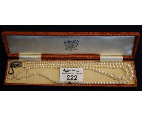 A cultured pearl necklace with silver and marcasite clasp in associate leather box. (B.P. 21% + VAT)&nbsp;Clasp in working or