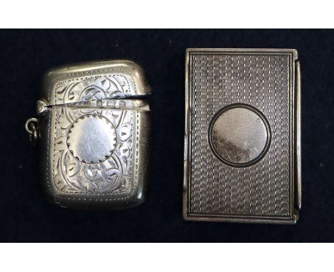 Silver engine turned vesta case or box of rectangular form, together with a silver engraved vesta case fob. (2) (B.P. 21% + V