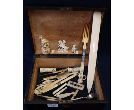 19th Century rosewood and mother of pearl ladies work or jewellery box, the interior revealing various ivory and bone items i