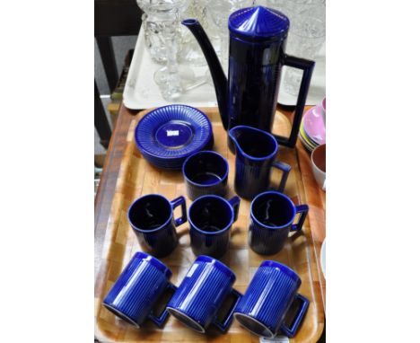 Blue Ellcreave Tikot coffee set comprising: coffee pot, jug, sugar basin and six cups and saucers.(B.P. 21% + VAT) 