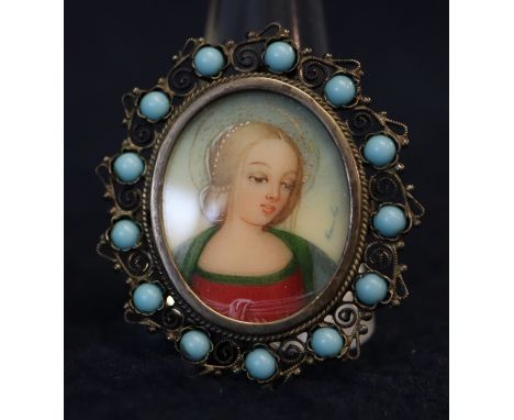 Continental silver hand painted portrait brooch marked 800, surmounted with turquoise stones.(B.P. 21% + VAT) 