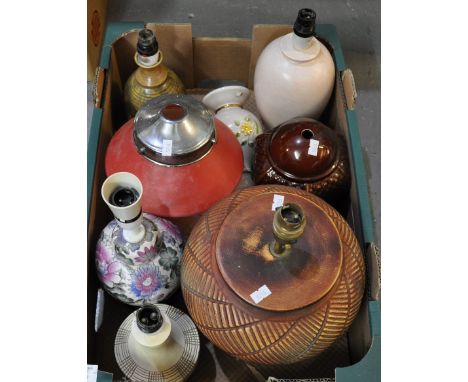 Box of pottery lamp bases and a glass light shade. (8)(B.P. 21% + VAT) 