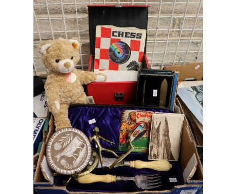 Box of assorted items to include; a Steiff teddy bear '26 blond', Sheffield Chieftain set or penknife set, biscuit mould, bra