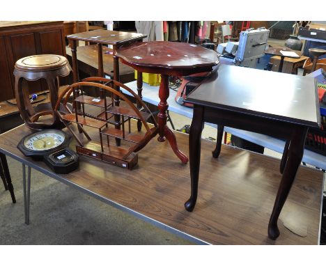 Collection of modern furnishing items to include; occasional tables, wall clock, Chinese hardwood stool, Edwardian style cons