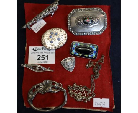 Collection of silver and enamelled jewellery to include; Art Nouveau design necklace, brooch, portrait brooch etc. (8)(B.P. 2