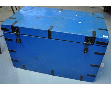 Late Victorian painted pine metal banded trunk of rectangular form with two carrying handles to each side, the interior with 