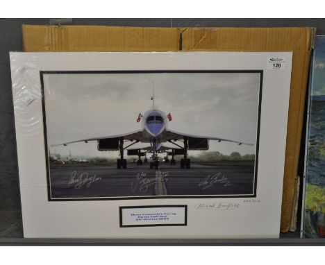 'Three Concorde's line up on the last day 24th October 2003', coloured print, signed by various pilots including Michael Brom