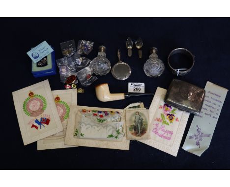 Box of assorted collectables to include; silver cigarette case, miniature silver hand mirror fob, vintage pipe, enamelled bad