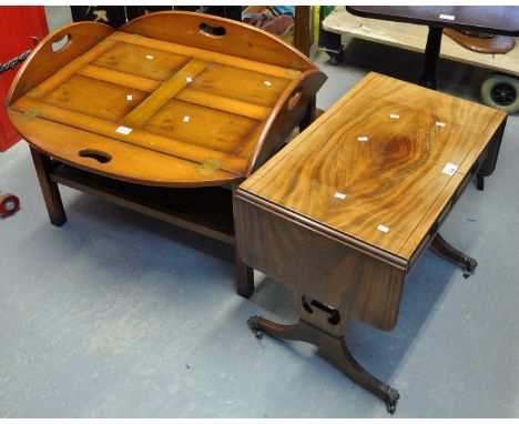 Collection of furniture to include; a reproduction mahogany sofa table, reproduction yew wood butlers tray on stand, Japanese