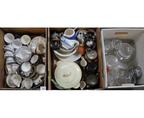 Two boxes of china to include: Royal Vale and other teaware, copper lustre dresser jugs, commemorative mugs, Myott Ironstone 