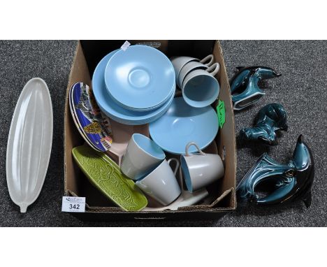 Small box of Poole pottery to include: blue cups, saucers and plates, three Poole ornaments: two dolphins and seal with a fis