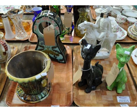 Two trays of pottery items to include: an Art Nouveau Majolica clock case, a Majolica style planter, a Staffordshire type fig