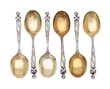 
	
		A set of six Victorian silver figural spoons by Henry William Curry, London 1873, with gilded oval bowls and cast draped