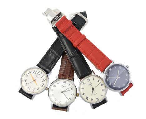 
	
		Luch, four stainless steel wrist watches, with manual wind movements and leather straps, each 35mm diameter; Stuhrling, 