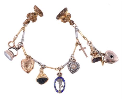 
	
		A two colour charm bracelet, the two colour baton links to a ring bolt clasp, stamped 18c, suspending various charms inc