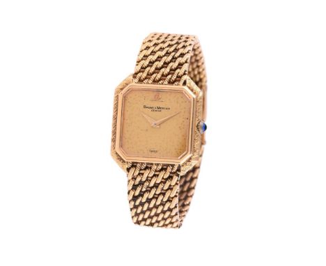 
	
		Baume &amp; Mercier, Ref. 38259,
		Lady's 18 carat gold bracelet watch, no. 1028415
		Movement: Cal. BM 550, manual wind