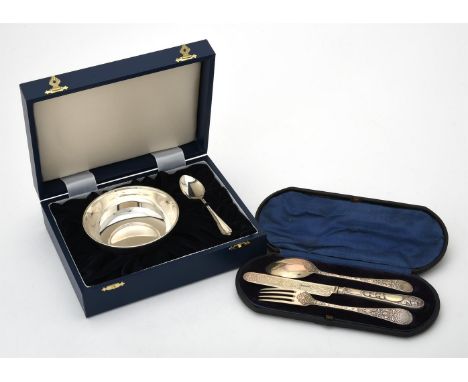 
	
		A cased silver christening bowl and spoon by W. I. Broadway &amp; Co., Birmingham 2005, the bowl 11cm (4 1/4in) diameter
