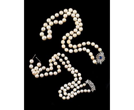 
	
		A cultured pearl necklace with a mid 20th century sapphire and diamond clasp, the sunburst clasp set with eight cut diam