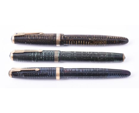 
	
		Parker, Vacumatic, three striped fountain pens, in azure blue Major, gold pearl Diamond Major and emerald pearl (3)

	

