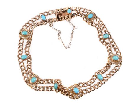 
	
		An early 20th century turquoise and seed pearl bracelet, the two row curb link bracelet with applied oval cabochon turqu