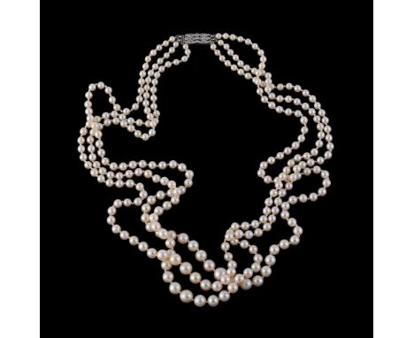 
	
		A three row cultured pearl necklace, the three rows of approximately ninety one, ninety five and ninety nine graduated p