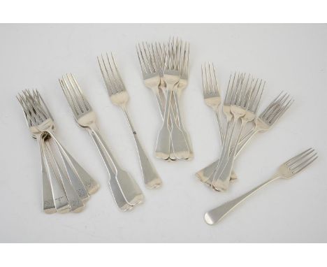 
	
		A collection of silver fiddle, Hanoverian and Old English pattern forks, various makers and dates, to include six George