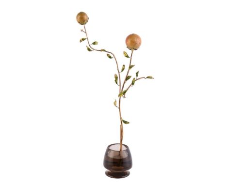 An Italian enamelled gold coloured orange branch and smokey quartz ornament by R. Grassi &amp; C. S.p.A., the branches with s