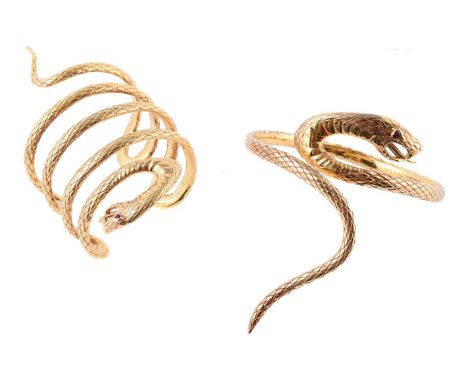 
	
		Two gilt serpent bangles attributed to Stephen Webster, the first for the wrist with a undulating coiled serpent with ci