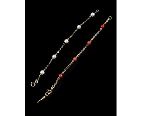 
	
		Y&nbsp;A coral bracelet and a cultured pearl bracelet, the coral bracelet with uniform polished coral beads measuring 5m