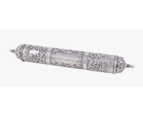 
	
		An Indian silver cylindrical scroll case, circa 1900, unmarked, chased with foliate scrolls, elephants and camels, with 