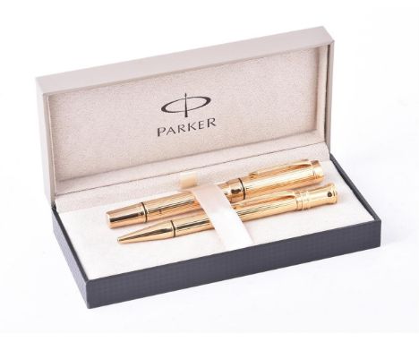 
	
		Parker, Duofold, a rare retail sample gilt metal fountain pen and ball point pen, the fountain pen cap with arrow clip, 