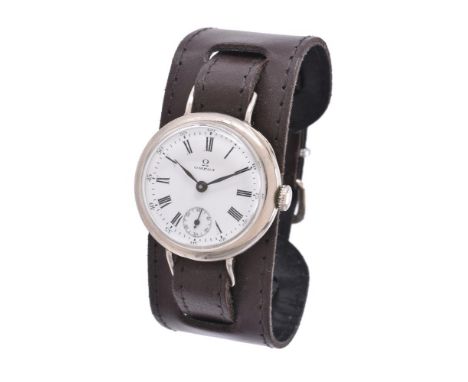 
	
		Omega,
		White metal trench watch, no. 6089773
		Movement: Manual wind
		Case: White metal case, snap case back
		Bracel