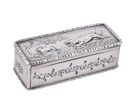 
	
		A William IV silver rectangular snuff box, maker's mark TE, London 1831, the cover with a foliate border and chased with