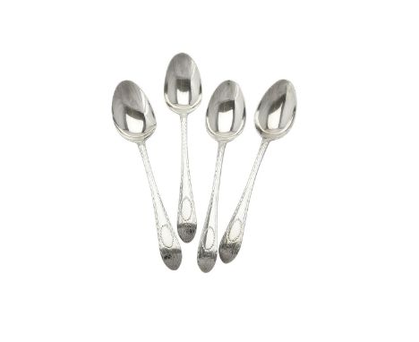 
	
		Four George III Irish Provincial silver bright cut dessert spoons by John Nicholson, Cork circa 1790, stamped Sterling, 