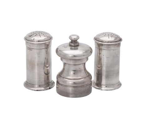 
	
		A pair of Edwardian silver cylindrical pepperettes by Haseler Brothers, Chester 1908, 6.5cm (2 1/2in) high, 84g (2.7 oz)