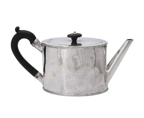 
	
		A George III silver oval straight-sided tea pot by William Vincent, London 1783, with an ebonised oval finial and loop h