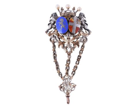 
	
		A late 19th century pearl and enamel brooch of the coat of arms of the Count Du Breil Family, Brittany, the coronet surm