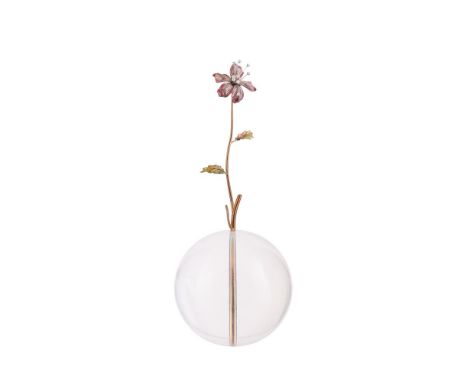 
	
		A diamond and cultured pearl enamelled flower ornament, probably Italian, mid to late 20th century, the pink enamelled f