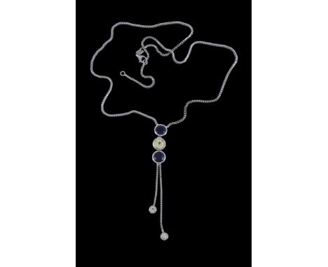 
	
		A sapphire and chrysoberyl trio drop necklace by Theo Fennell, the articulated collet set circular cut sapphires with a 