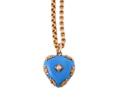 
	
		A mid Victorian turquoise enamel heart pendant, circa 1860, the turquoise blue enamelled heart centred with a half pearl