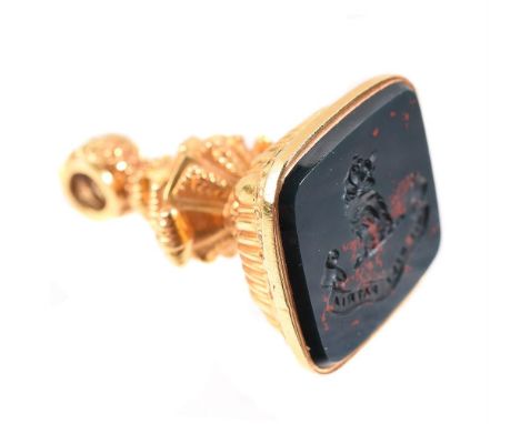 
	
		A 19th century bloodstone fob seal, the cushion shaped panel carved with a crest for the HINDMARSH family, with motto Ni