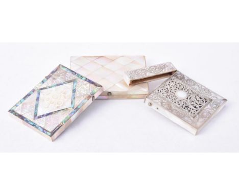
	
		Y&nbsp;Three Victorian mother of pearl veneered rectangular card cases, the first with abalone bands, carved and engrave