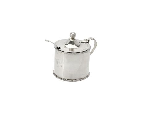 
	
		A George III silver drum mustard by Thomas Chawner, London 1785, with a ball finial to the domed cover, beaded borders a