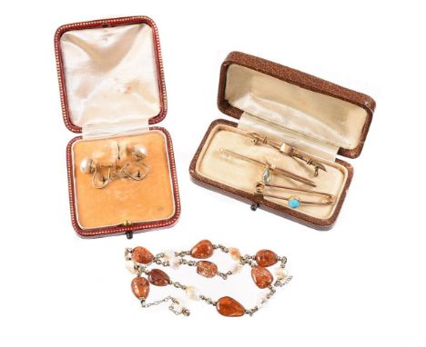 
	
		A small collection of antique and later jewellery, comprising a pair of mabé pearl screw back earrings, 8mm diameter, th