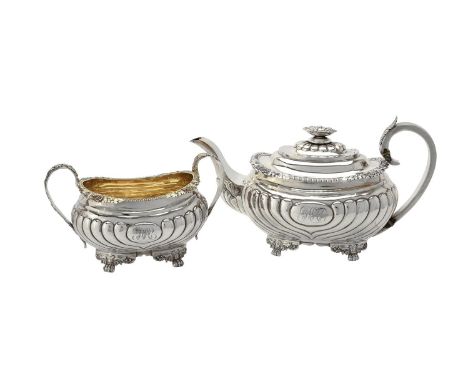 
	
		Y&nbsp;A late George III silver oblong baluster tea pot and sugar basin by William Barret II, London 1819, the tea pot w