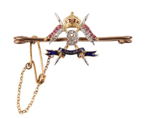 
	
		Regimental interest; A 9th Queen's Royal Lancers ruby and diamond sweetheart brooch, the two colour pierced panel set wi