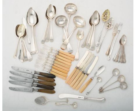 
	
		Y&nbsp;A collection of silver and silver mounted flatware, to include: a Victorian fiddle pattern sauce ladle by George 