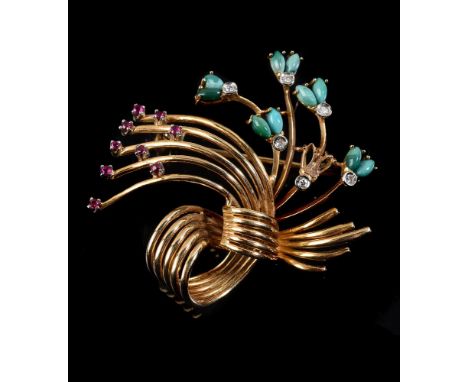 
	
		An Italian diamond, ruby and turquoise floral spray brooch, the spiralling wirework brooch with turquoise and eight cut 