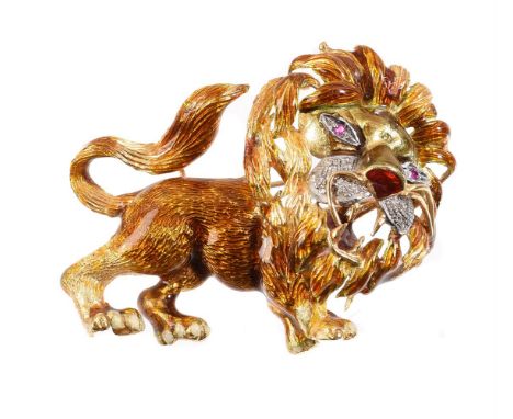 
	
		A mid 20th century diamond and enamel lion brooch, the novelty lion with orange enamelled fur and cream enamelled toes, 